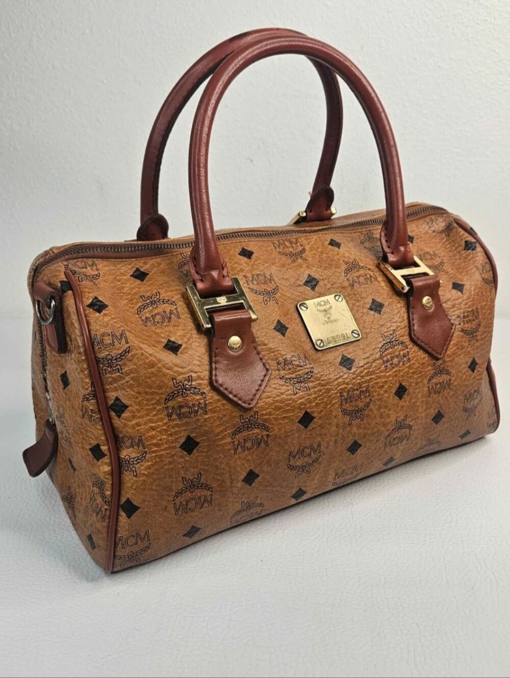 Authentic MCM Monogram Visetos Cognac Boston Satchel Handbag
